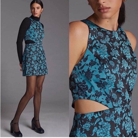 NWT Anthropologie Hutch Floral Jacquard Cut-Out Mini Dress Baroque Blue Black 14 - Picture 1 of 13
